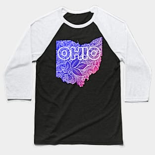 Colorful mandala art map of Ohio with text in blue and violet Baseball T-Shirt